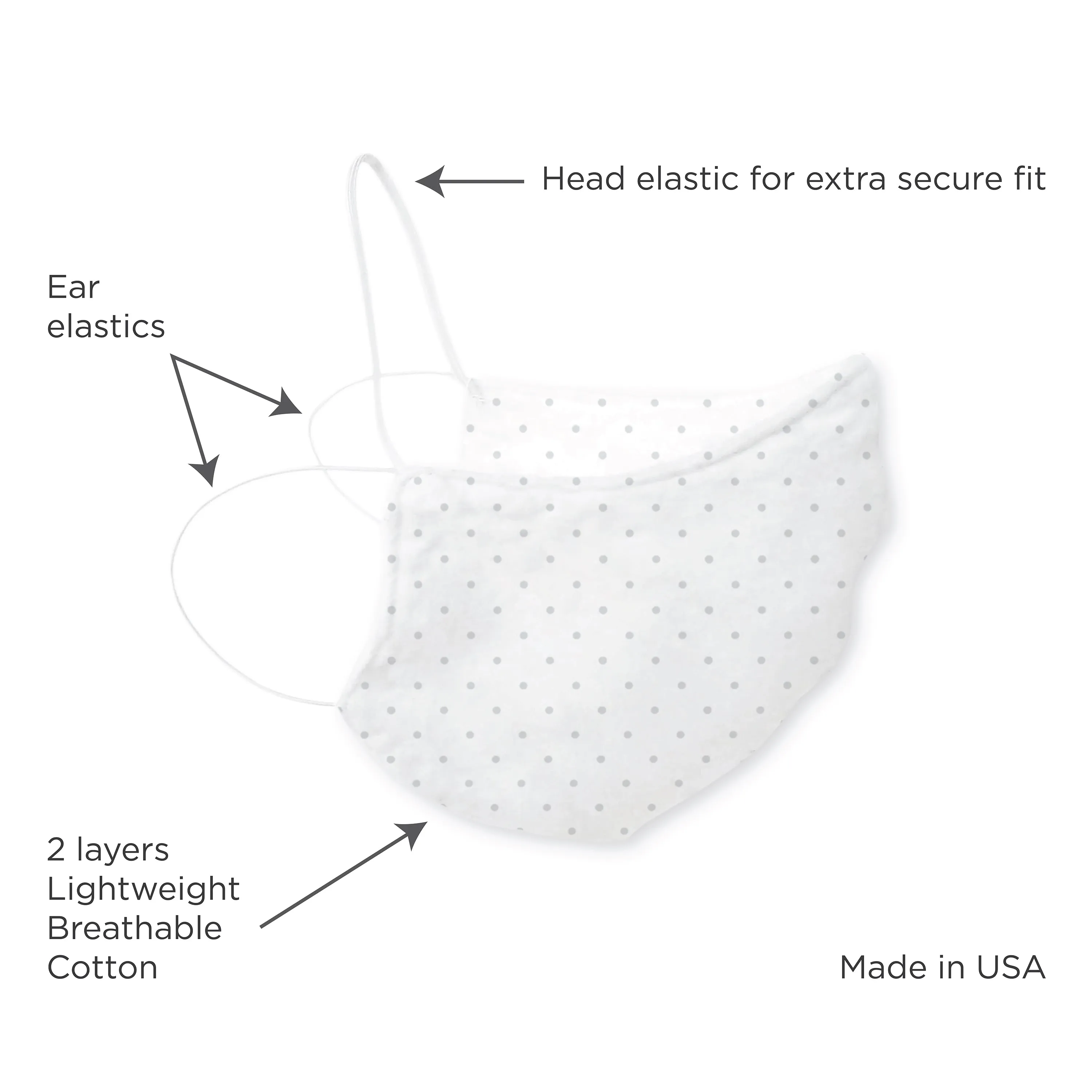 2-Layer Woven Soft Brushed Cotton Face Mask, Polka Dots, Sterling, Made in USA - 10 Pack