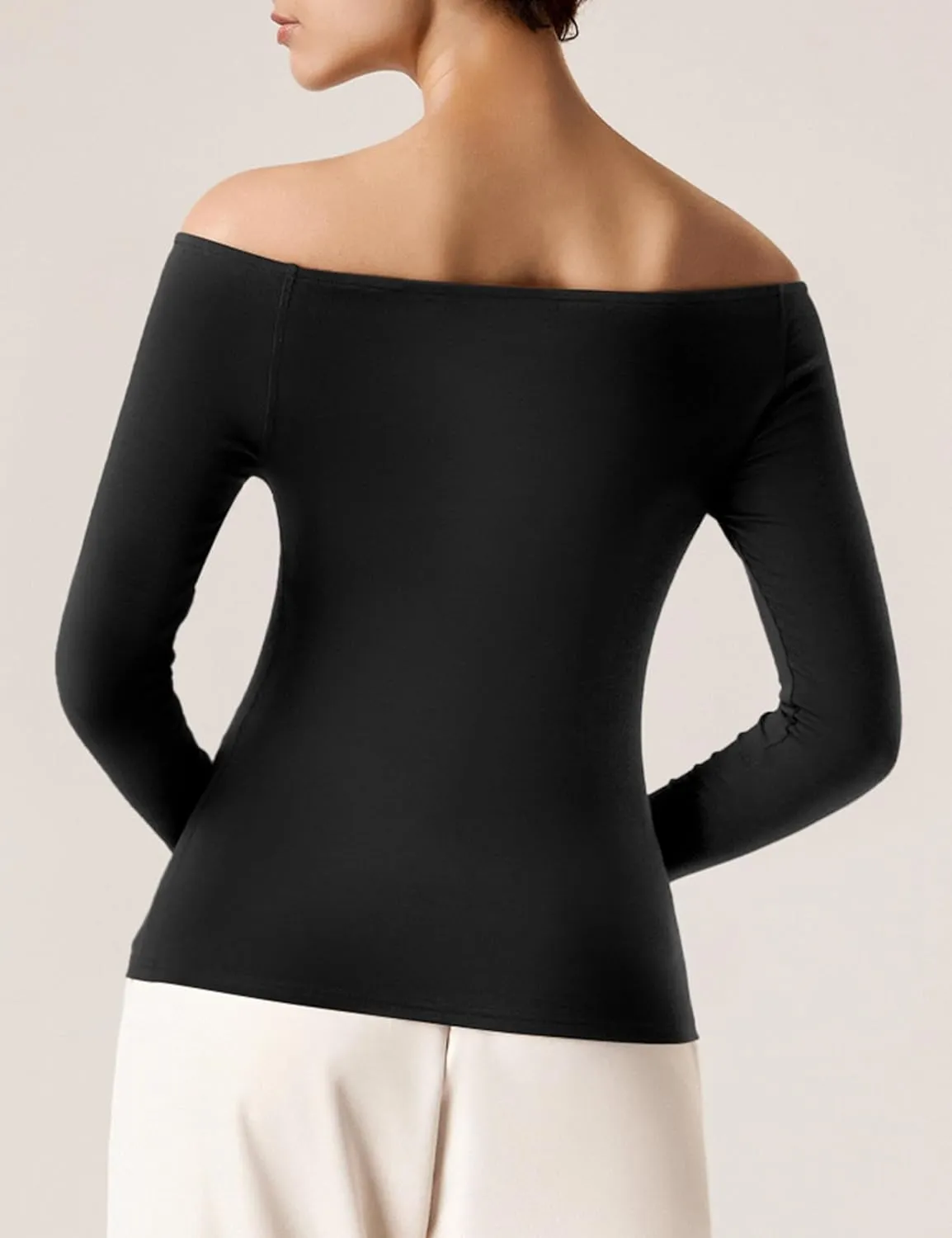 Amoretu Women's Long Sleeve Slim Fit T Shirts Sexy Off Shoulder Boat Neck Tops Basic Tees