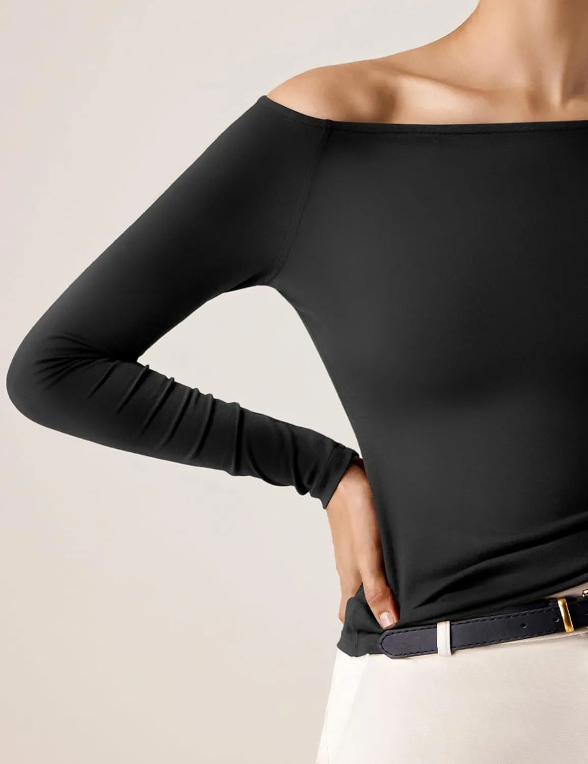 Amoretu Women's Long Sleeve Slim Fit T Shirts Sexy Off Shoulder Boat Neck Tops Basic Tees