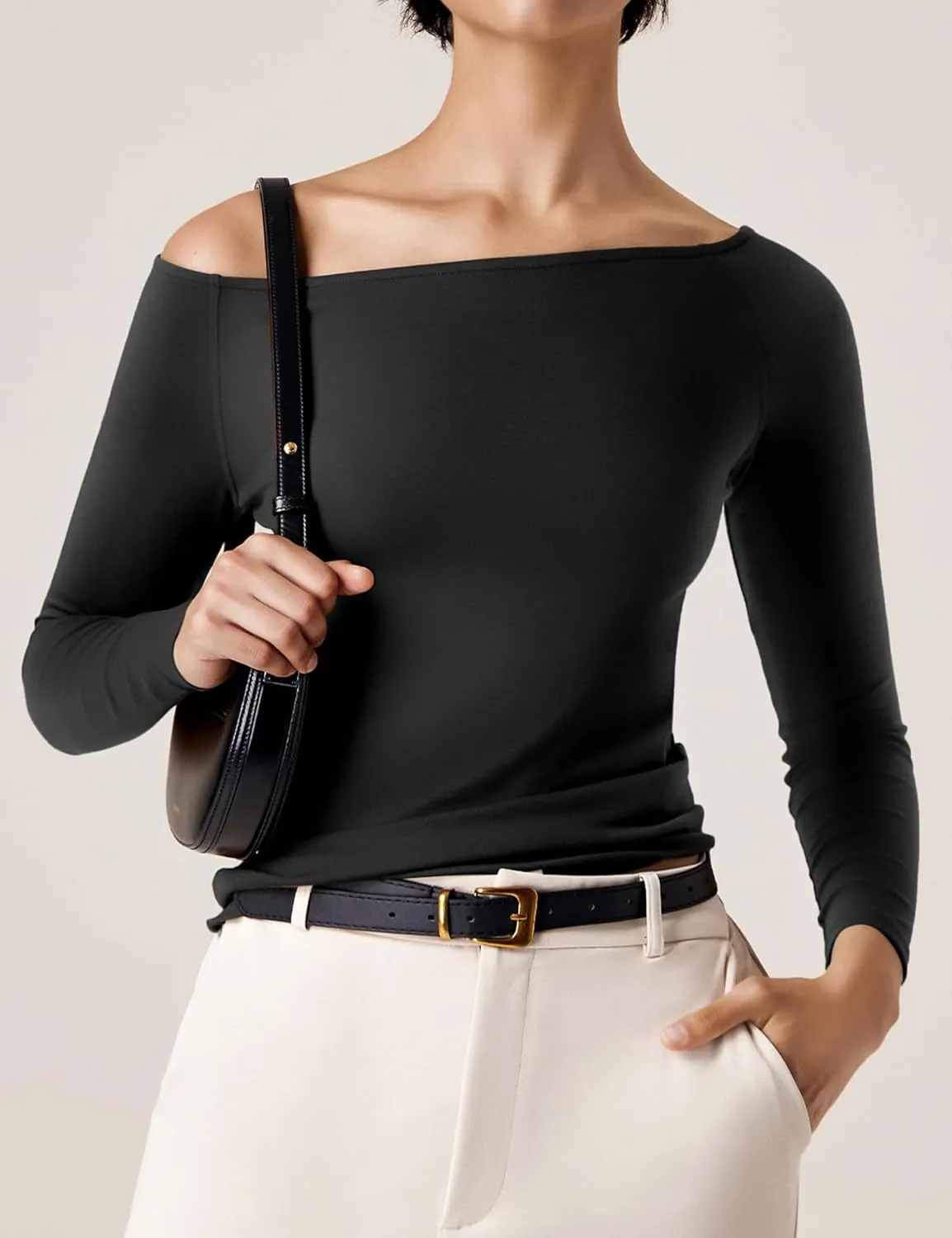 Amoretu Women's Long Sleeve Slim Fit T Shirts Sexy Off Shoulder Boat Neck Tops Basic Tees