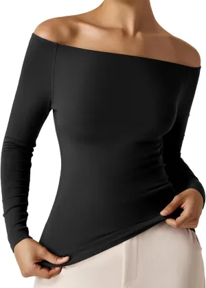 Amoretu Women's Long Sleeve Slim Fit T Shirts Sexy Off Shoulder Boat Neck Tops Basic Tees