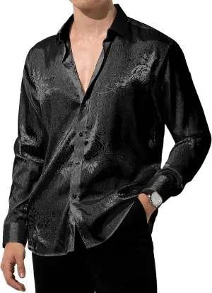 Arjen Kroos Mens Silk Like Satin Formal Dress Shirts Slim Fit Button Down Jacquard Shiny Luxury Shirts
