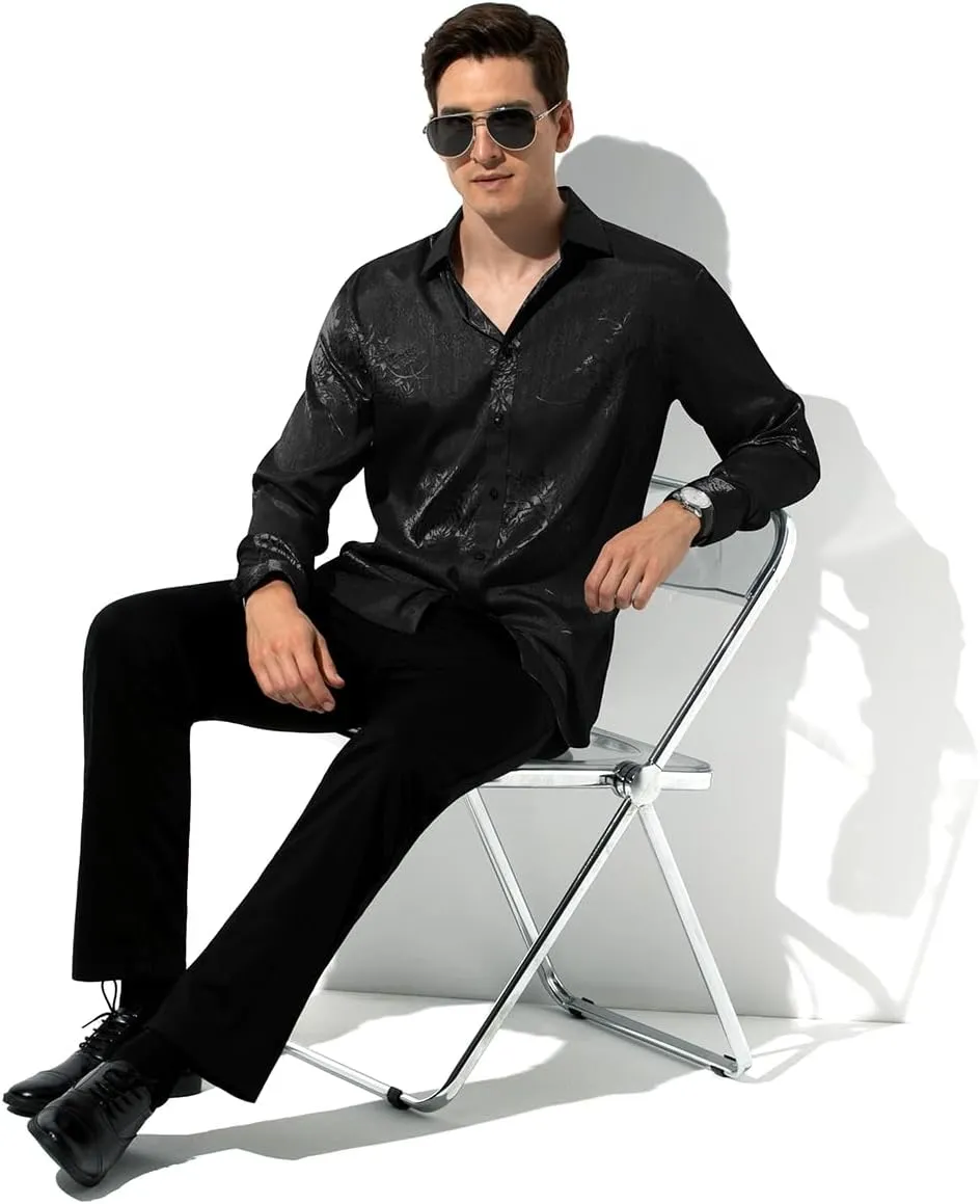 Arjen Kroos Mens Silk Like Satin Formal Dress Shirts Slim Fit Button Down Jacquard Shiny Luxury Shirts