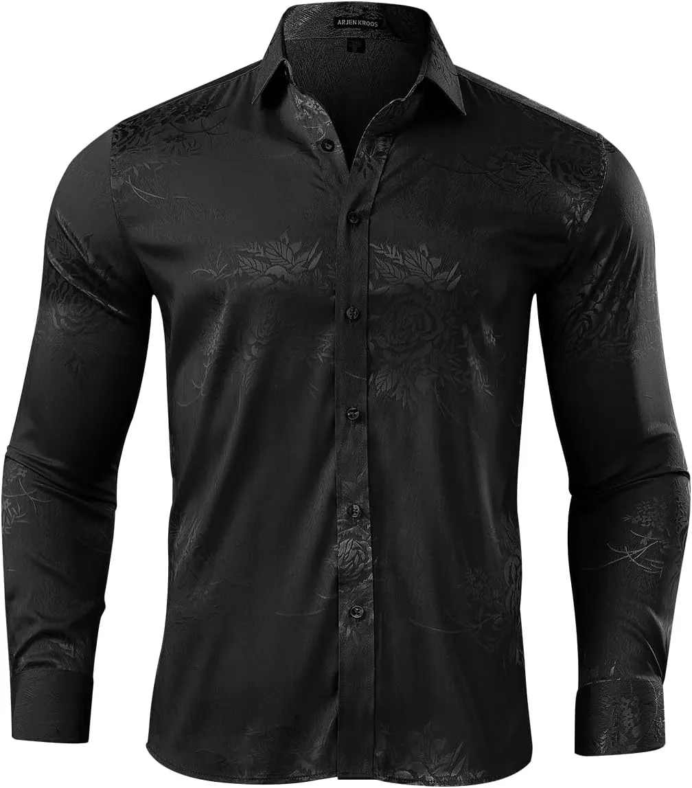 Arjen Kroos Mens Silk Like Satin Formal Dress Shirts Slim Fit Button Down Jacquard Shiny Luxury Shirts