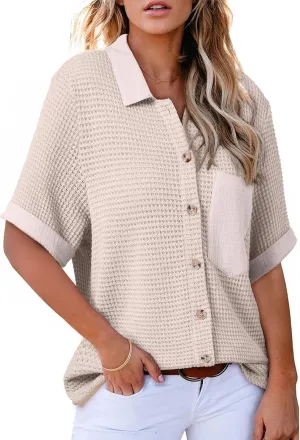 Astylish Womens Waffle Knit Button Down Shirts Tops Casual V Neck Short Folded Sleeve Dressy Blouses