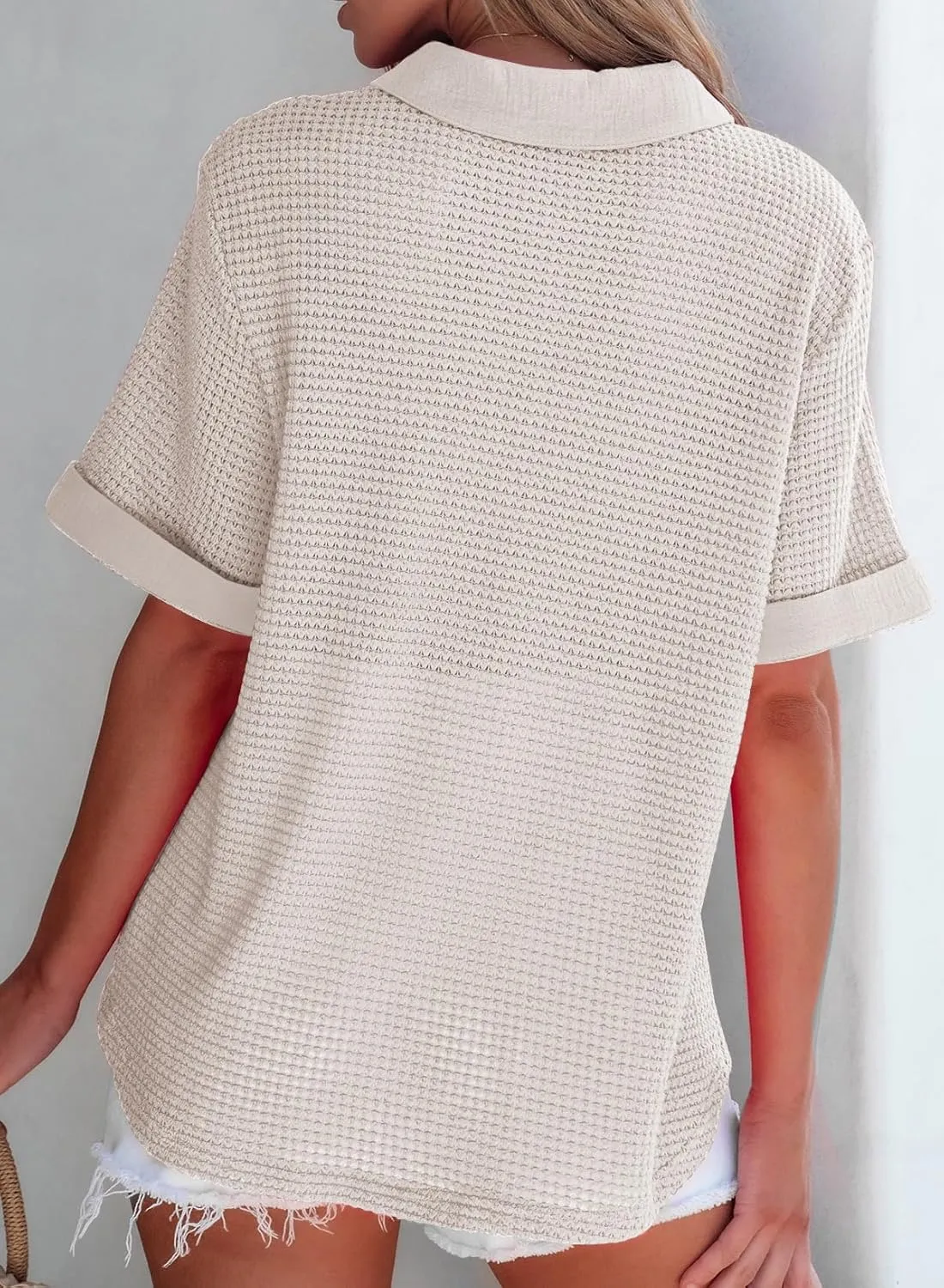 Astylish Womens Waffle Knit Button Down Shirts Tops Casual V Neck Short Folded Sleeve Dressy Blouses