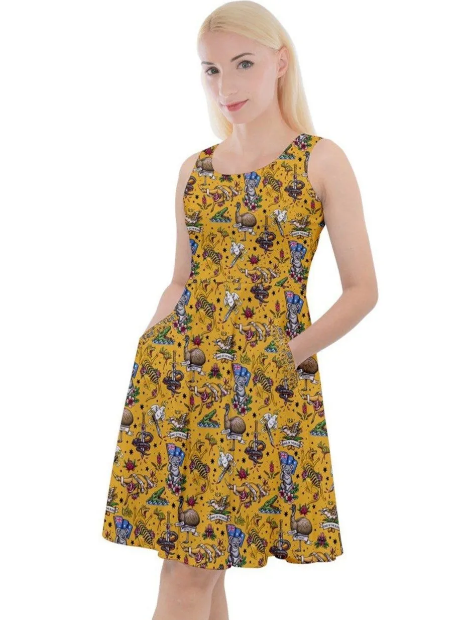 Aussie Fauna Knee Length Skater Dress With Pockets
