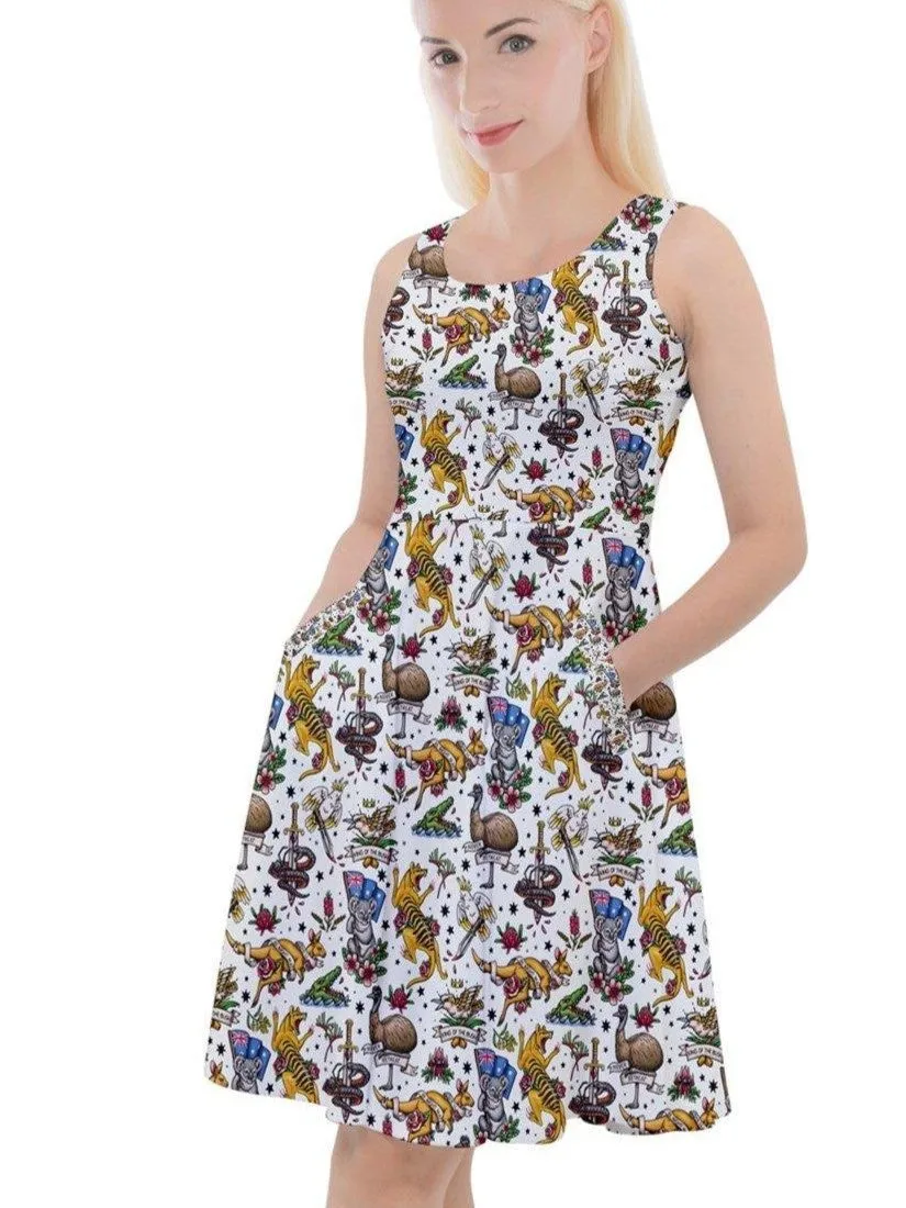 Aussie Fauna Knee Length Skater Dress With Pockets