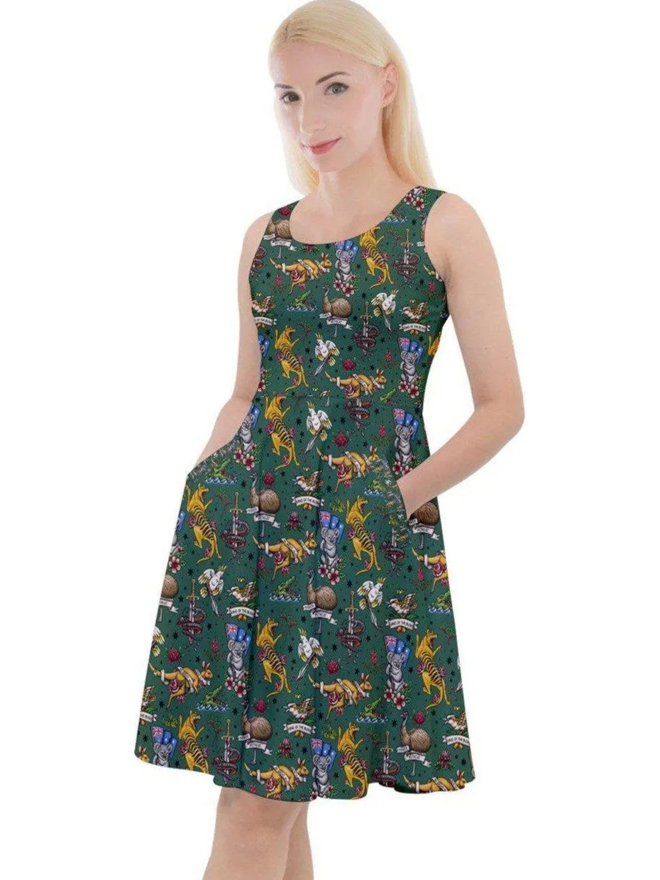 Aussie Fauna Knee Length Skater Dress With Pockets
