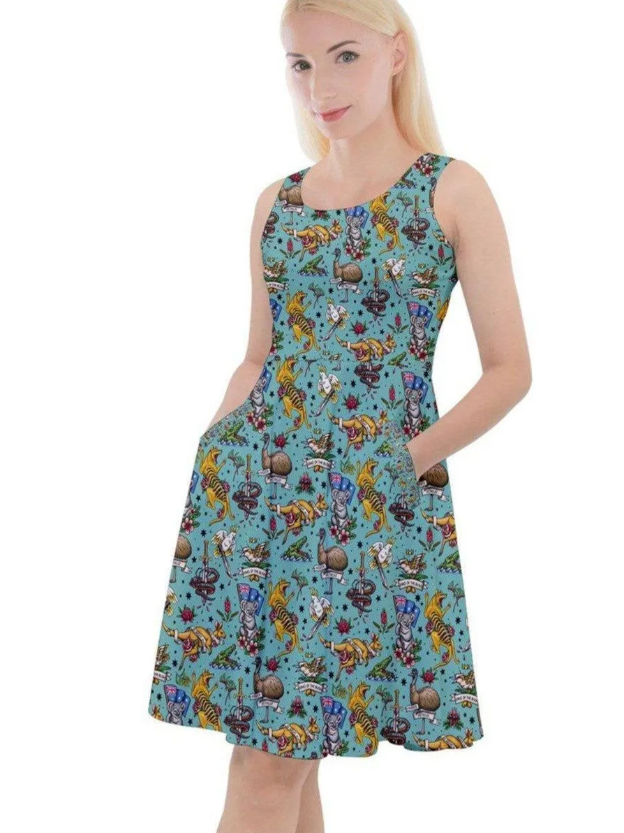 Aussie Fauna Knee Length Skater Dress With Pockets