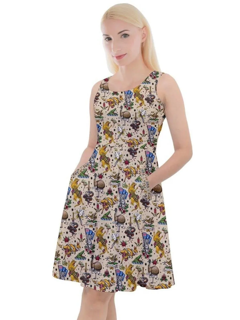 Aussie Fauna Knee Length Skater Dress With Pockets