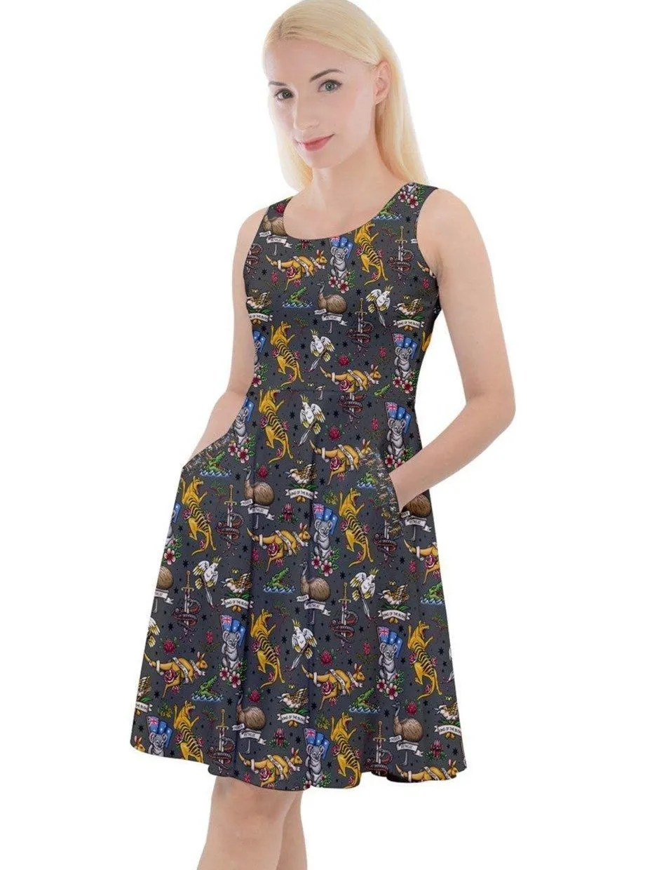Aussie Fauna Knee Length Skater Dress With Pockets