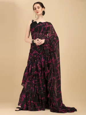 Black Floral Ruffles Saree