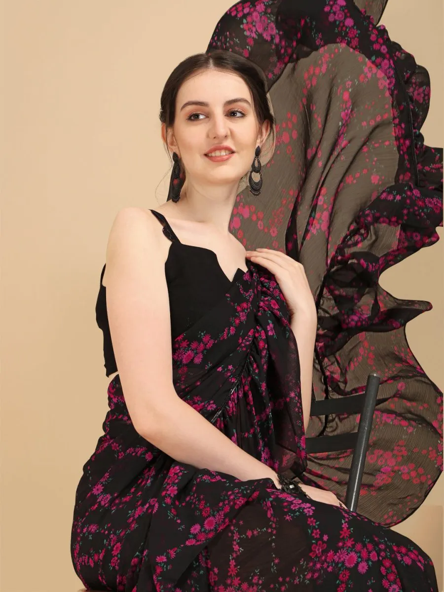 Black Floral Ruffles Saree