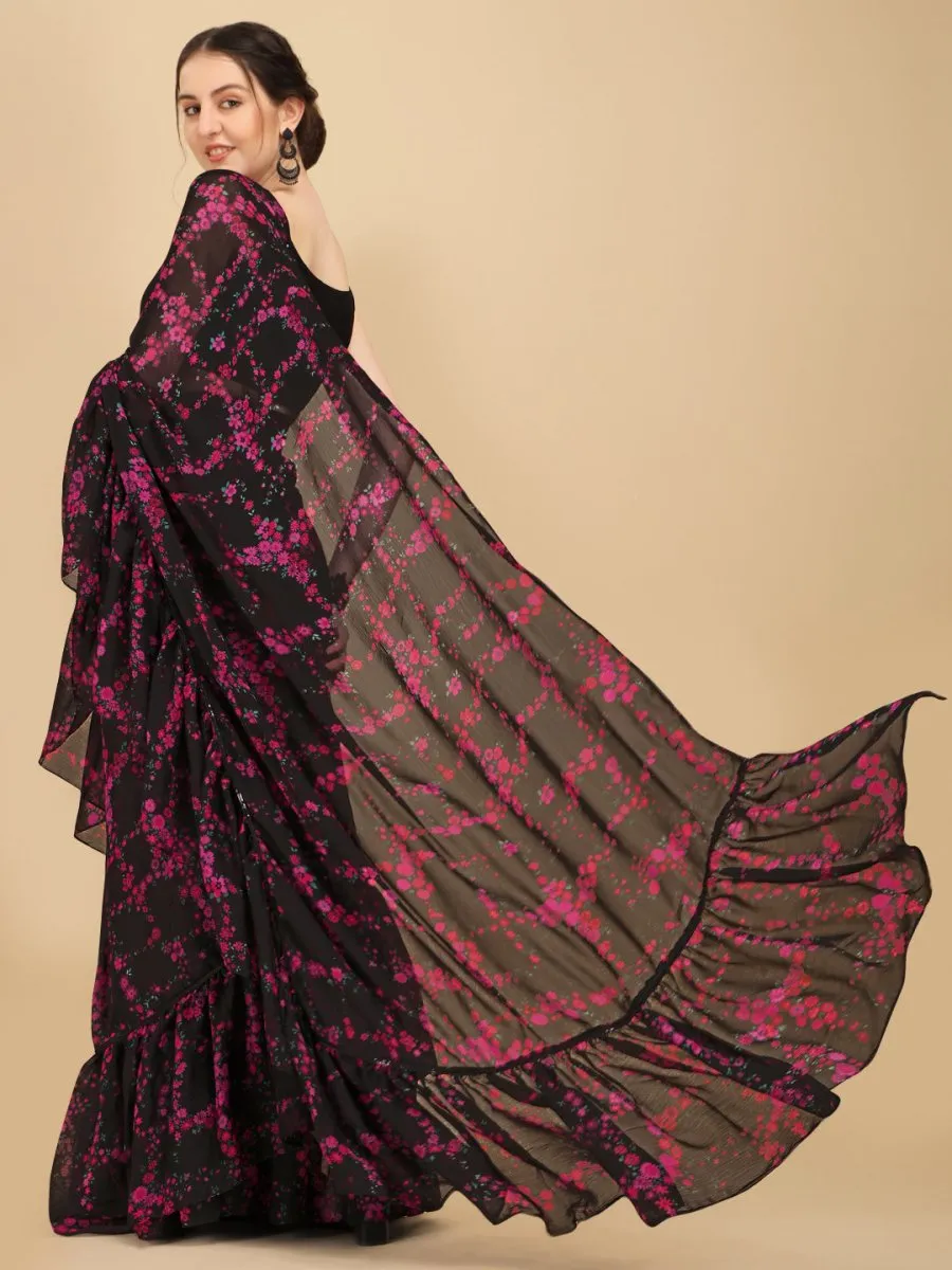 Black Floral Ruffles Saree