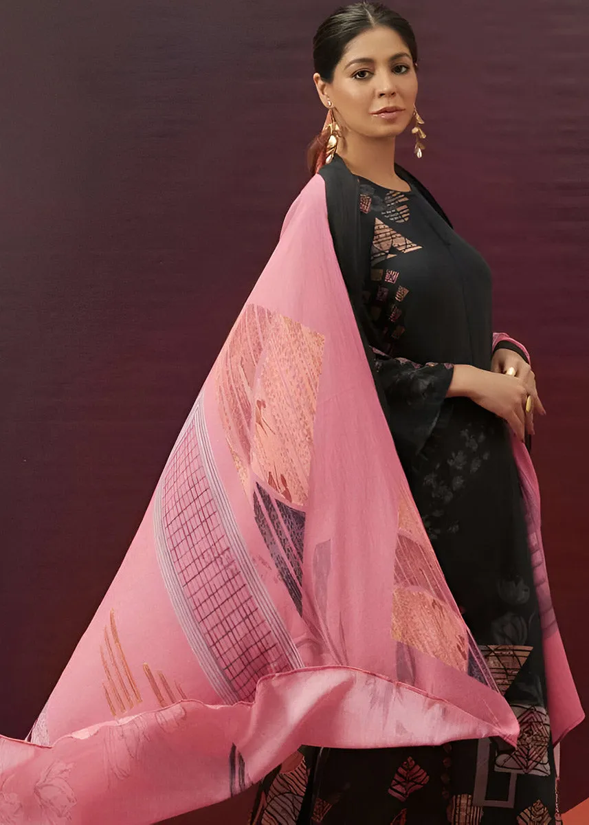 Black Printed Unstitched Cotton Satin Suit Fabric Material for Women