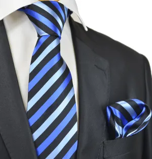 Blue and Black Striped Silk Tie Set by Paul Malone