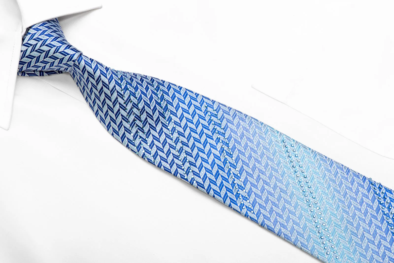 Blue Geometric Chevron Rhinestone Silk Necktie With Sparkles