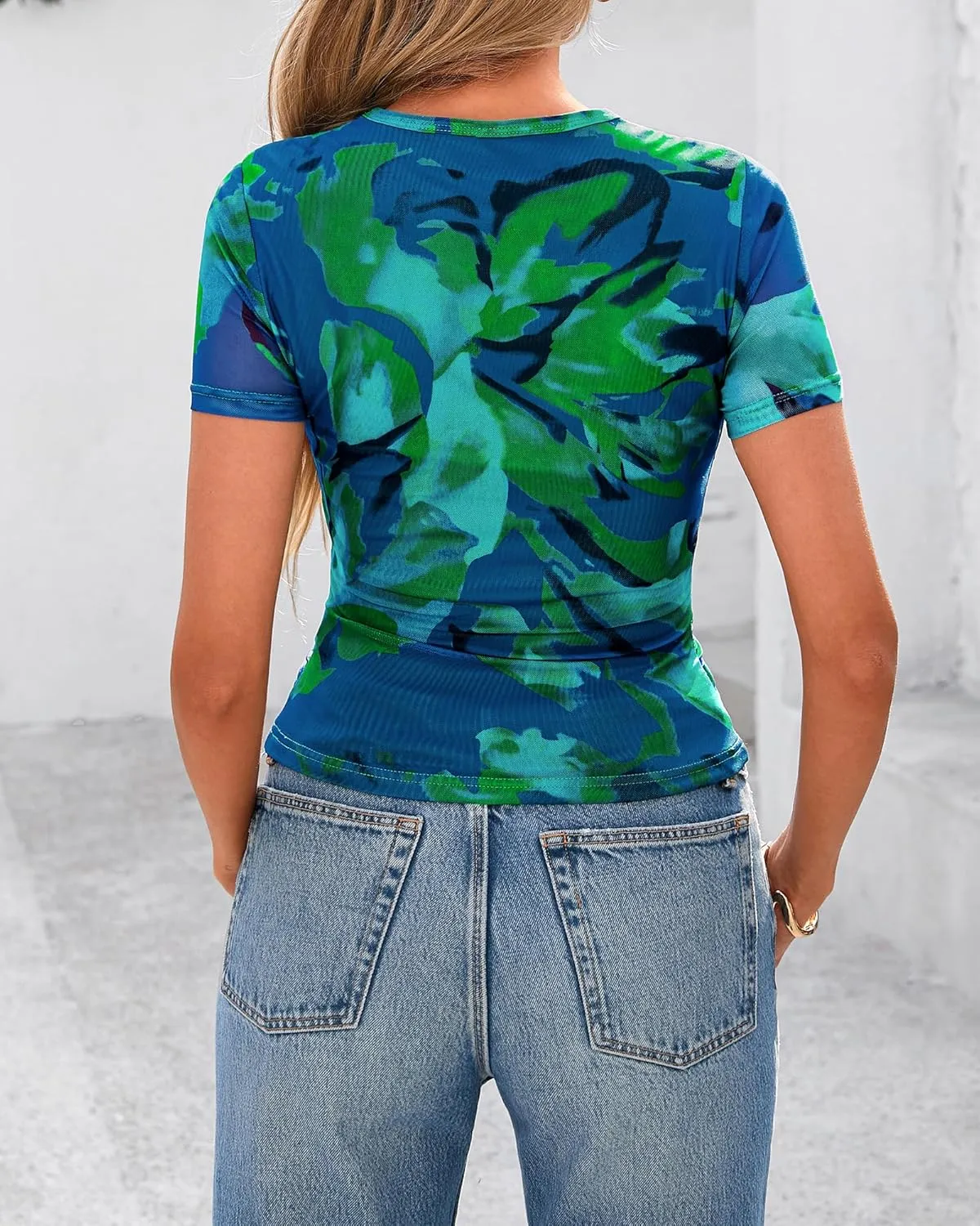 BTFBM Womens Sheer Mesh Summer Tops 2025 Crewneck Short Sleeve Print Ruched Crop Top Slim Fit Club Going Out T Shirts