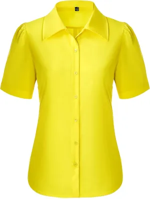 Button Down Shirts for Women Puff Short Sleeve Button Up Dress Shirts Collared Fitted Blouse Work Business Top