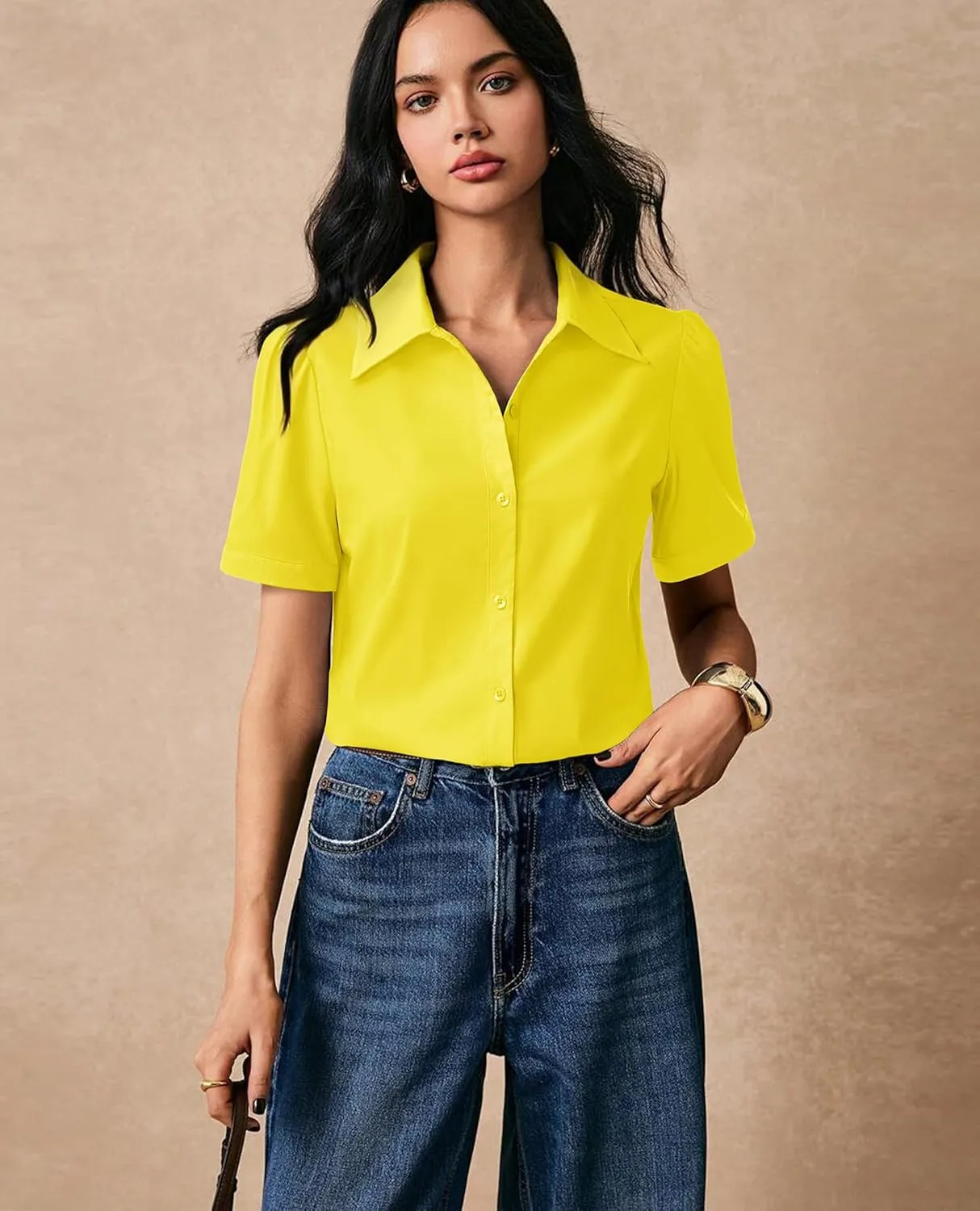 Button Down Shirts for Women Puff Short Sleeve Button Up Dress Shirts Collared Fitted Blouse Work Business Top