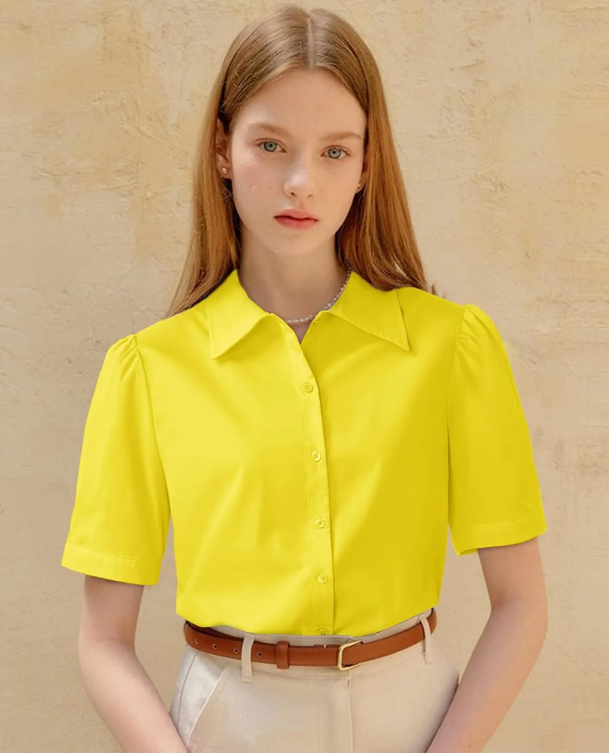 Button Down Shirts for Women Puff Short Sleeve Button Up Dress Shirts Collared Fitted Blouse Work Business Top