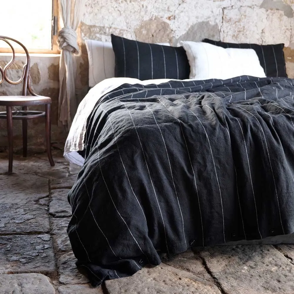 Carter French Linen Fitted Sheet - Black w' White Fine Stripe