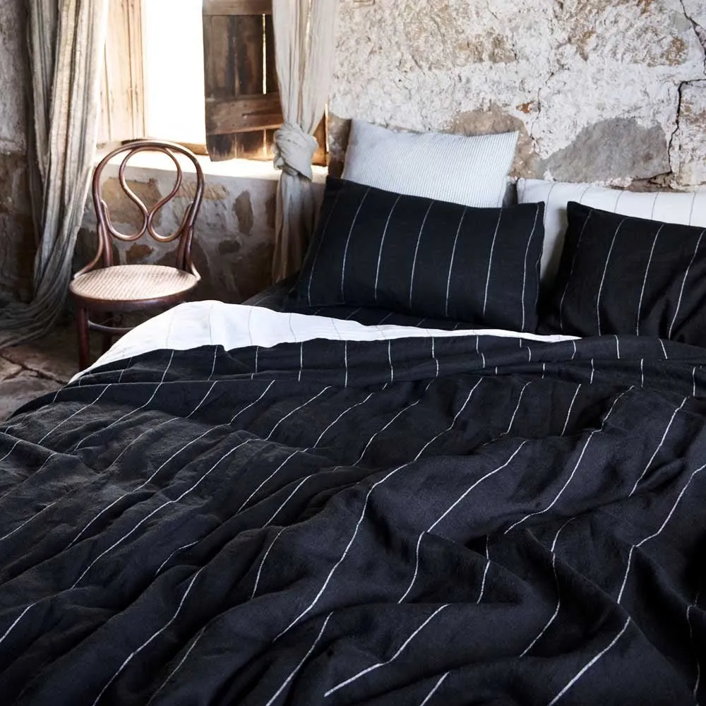 Carter French Linen Fitted Sheet - Black w' White Fine Stripe