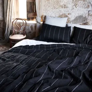Carter French Linen Fitted Sheet - Black w' White Fine Stripe