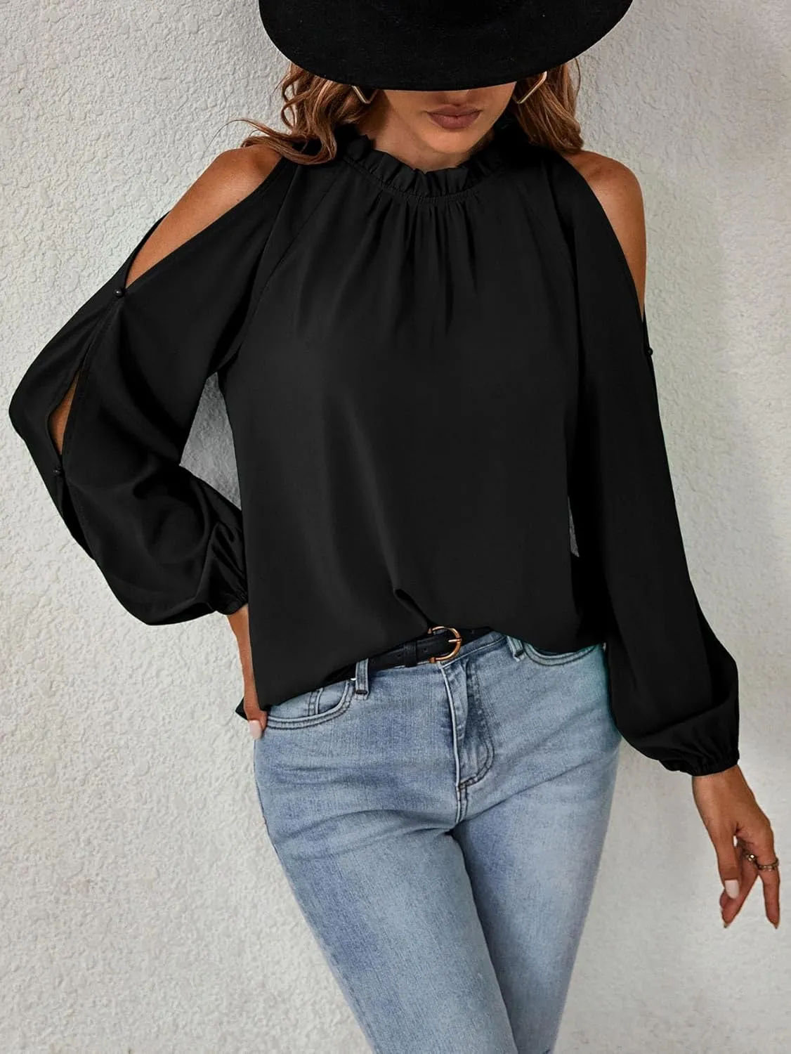 CCTOO Womens Tops Dressy Casual Cold Shoulder Ruffle Collar Blouses Fall Fashion Shirts for Work Black Medium