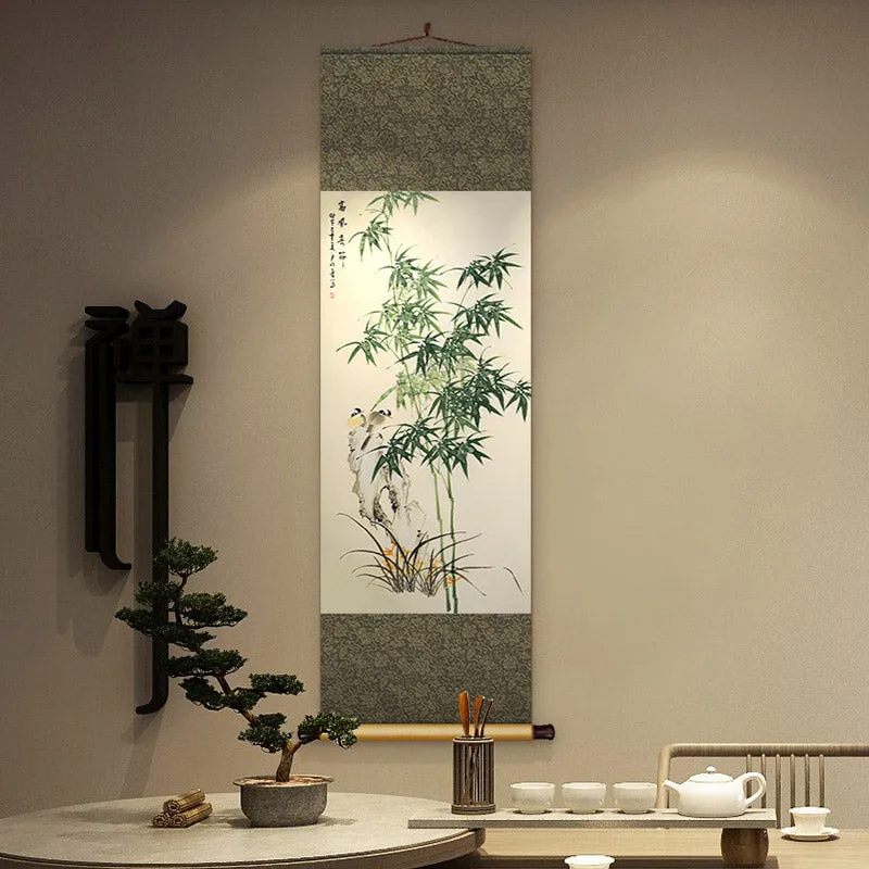 Chinese Classical Bamboo Silk Scroll Hanging Painting for Bookroom Art Space Decoration