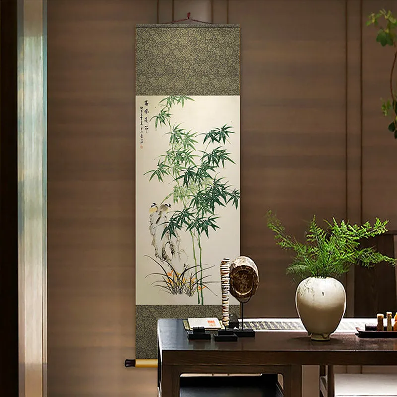 Chinese Classical Bamboo Silk Scroll Hanging Painting for Bookroom Art Space Decoration
