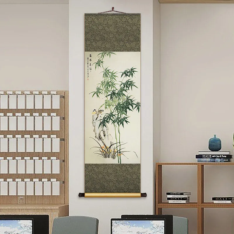 Chinese Classical Bamboo Silk Scroll Hanging Painting for Bookroom Art Space Decoration