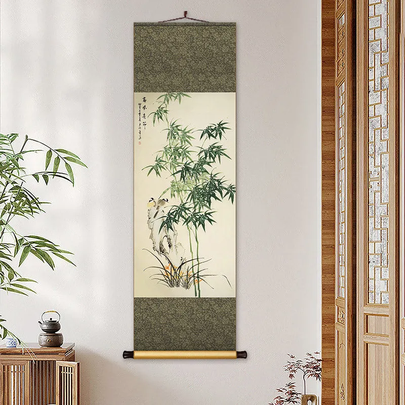 Chinese Classical Bamboo Silk Scroll Hanging Painting for Bookroom Art Space Decoration