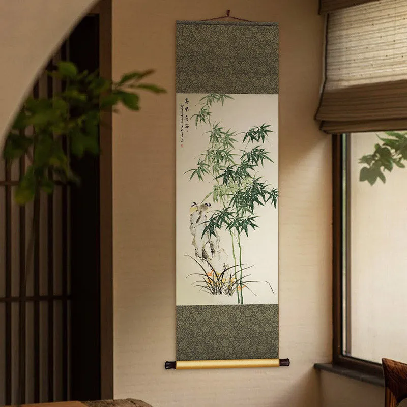 Chinese Classical Bamboo Silk Scroll Hanging Painting for Bookroom Art Space Decoration