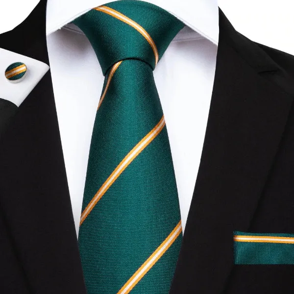 Classy Men Green Gold Striped Silk Tie