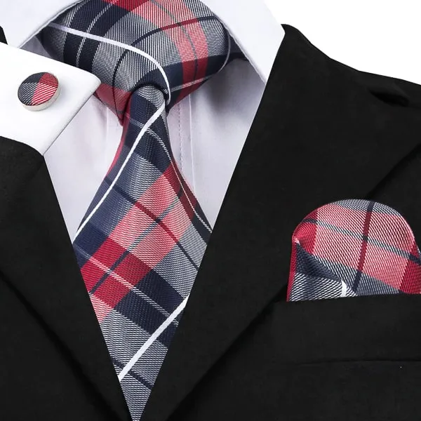 Classy Men Navy Blue Red Checkered Silk Tie