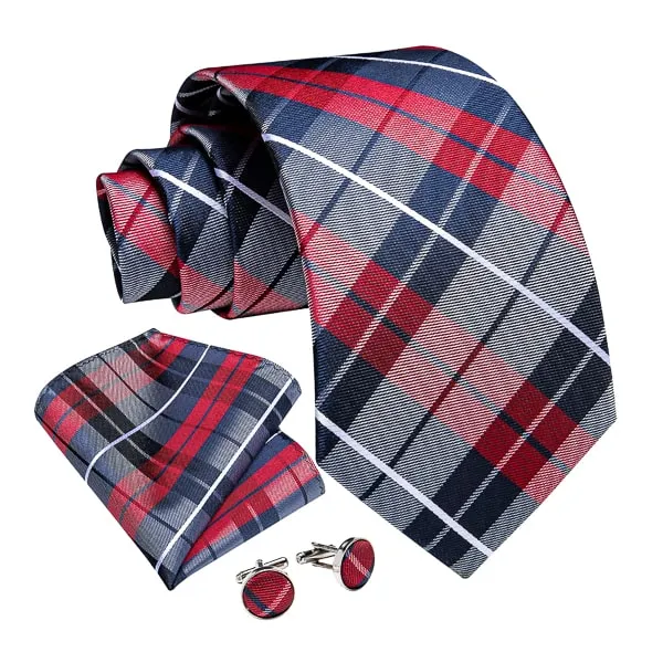 Classy Men Navy Blue Red Checkered Silk Tie