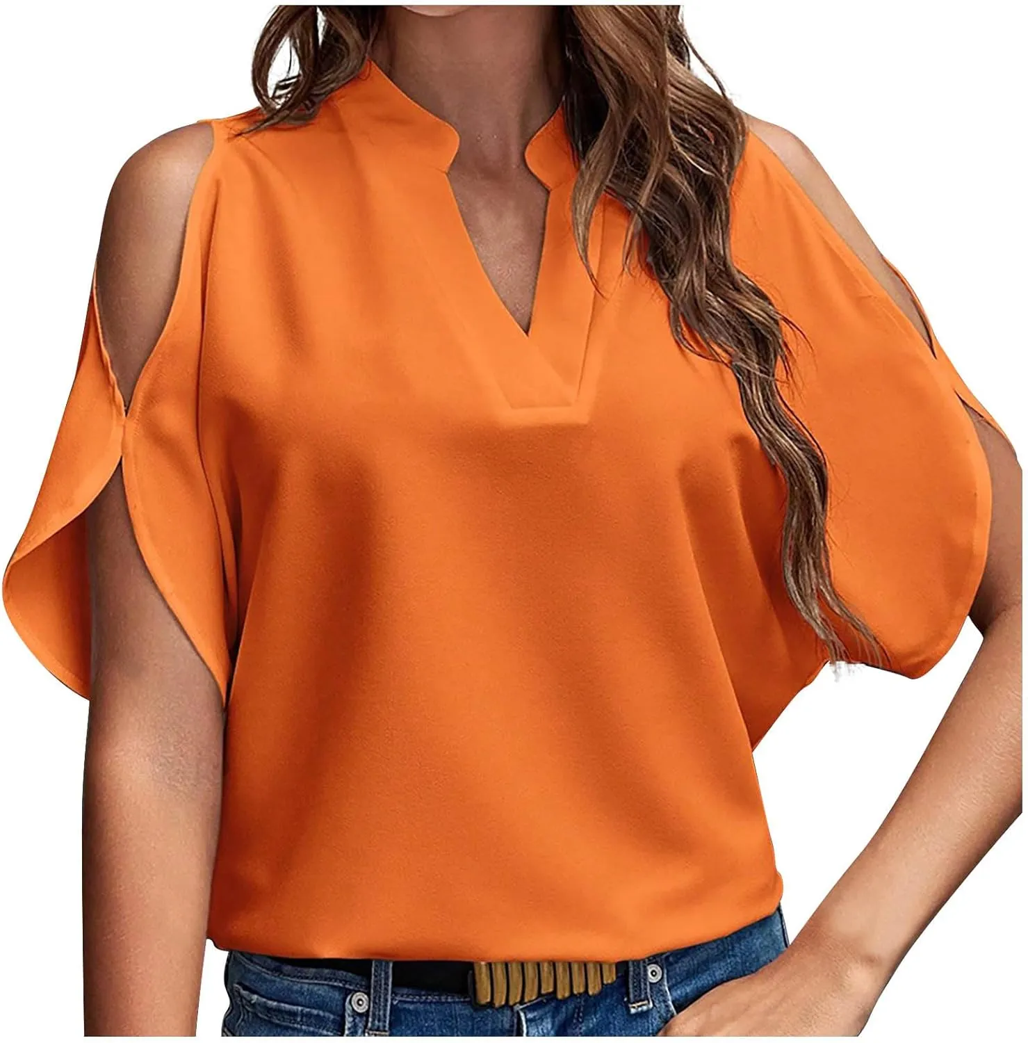 Cold Shoulder Tops for Women Summer Dressy Short Sleeve V Neck Cut Out Casual Shirt Loose Plain Open Blouse