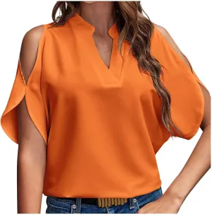 Cold Shoulder Tops for Women Summer Dressy Short Sleeve V Neck Cut Out Casual Shirt Loose Plain Open Blouse