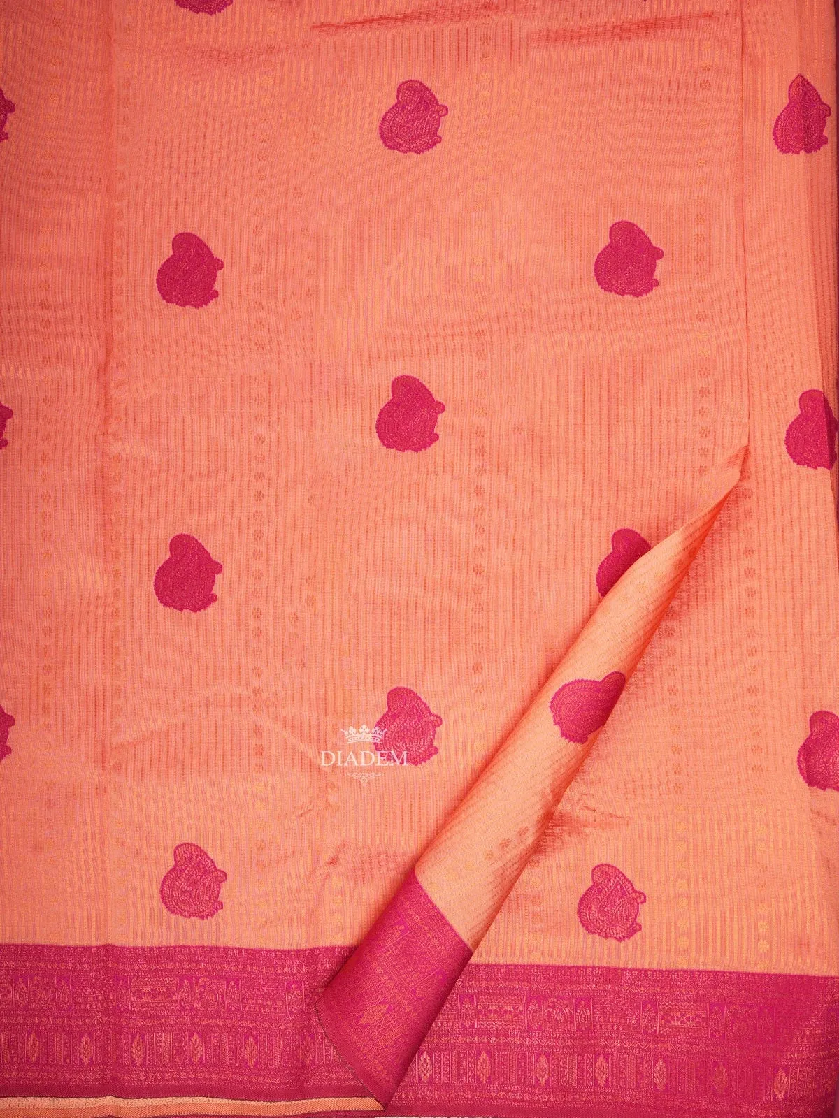 Coral Art Silk Saree with Paisley and Stripes Pattern on the Body with Designed Border