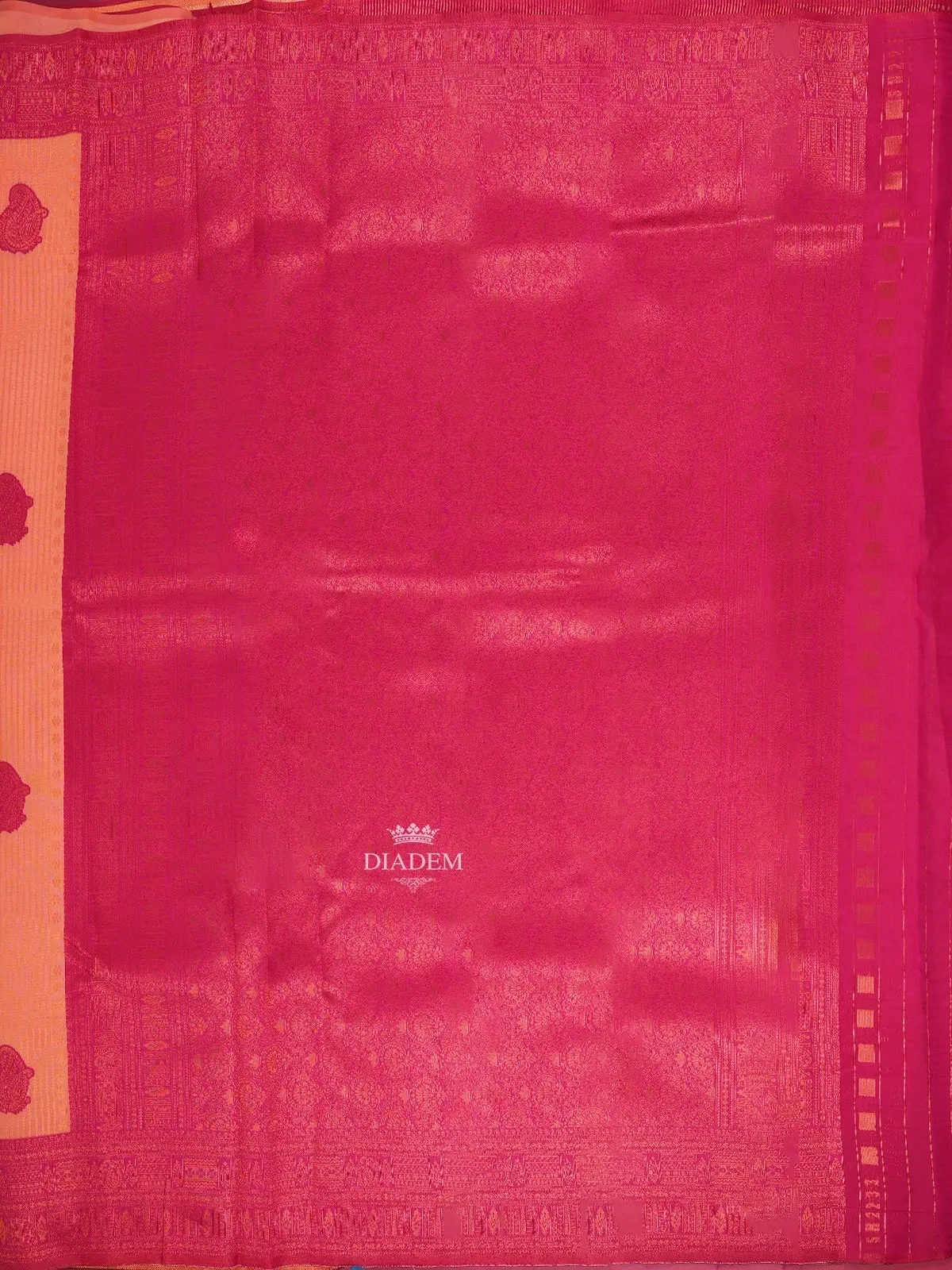 Coral Art Silk Saree with Paisley and Stripes Pattern on the Body with Designed Border