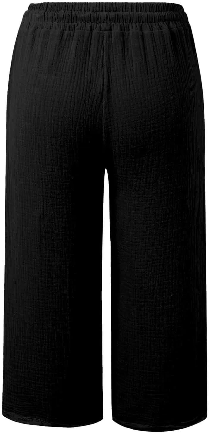 Cotton Linen Capri Pants Women 2025 Summer Casual Capris Wide Leg High Waist Drawstring Cropped Trousers with Pockets