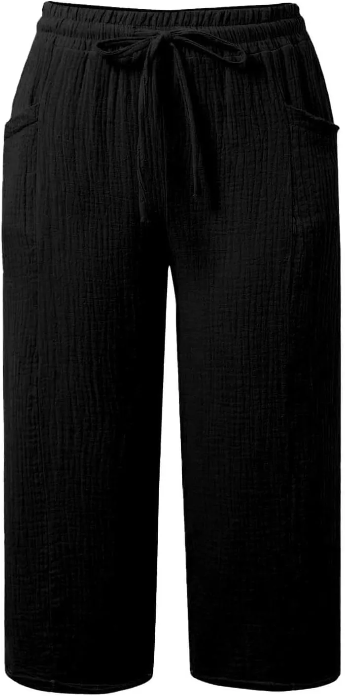 Cotton Linen Capri Pants Women 2025 Summer Casual Capris Wide Leg High Waist Drawstring Cropped Trousers with Pockets