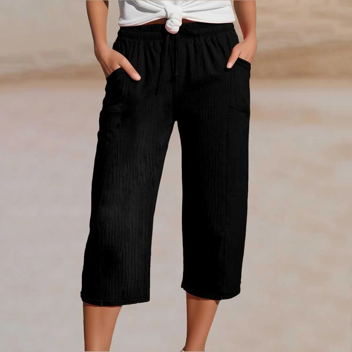 Cotton Linen Capri Pants Women 2025 Summer Casual Capris Wide Leg High Waist Drawstring Cropped Trousers with Pockets