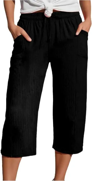 Cotton Linen Capri Pants Women 2025 Summer Casual Capris Wide Leg High Waist Drawstring Cropped Trousers with Pockets