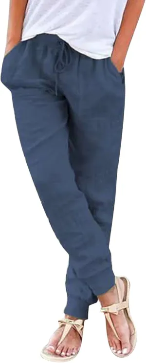 Cotton Linen Pants Women Summer Elastic High Waist Casual Yoga Pants Comfy Lightweight Tapered Joggers with Pockets