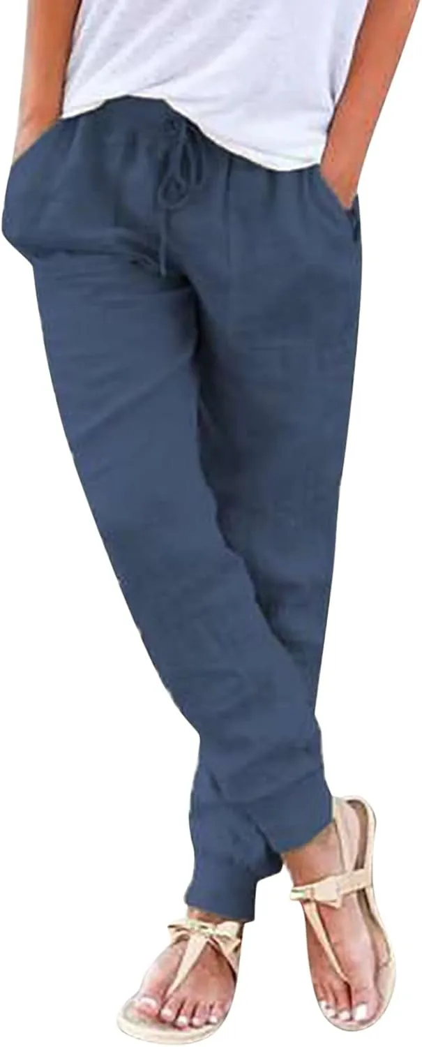 Cotton Linen Pants Women Summer Elastic High Waist Casual Yoga Pants Comfy Lightweight Tapered Joggers with Pockets