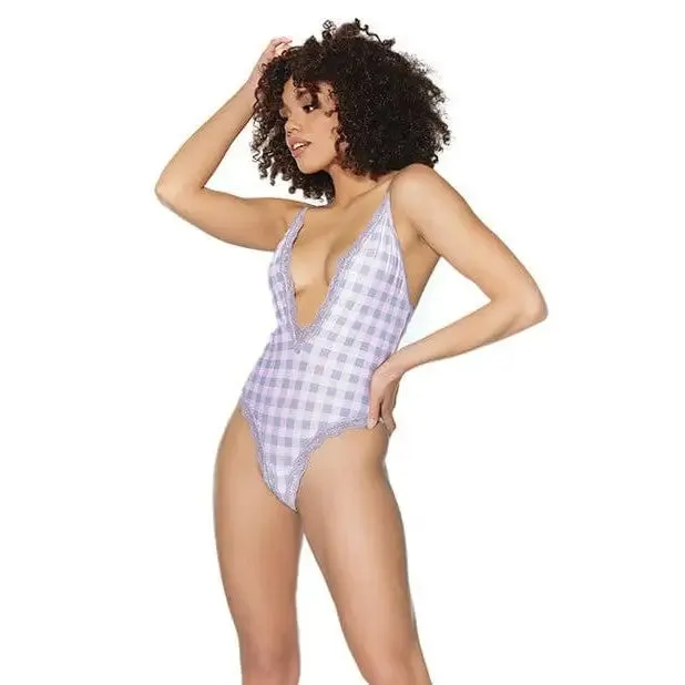 Crystal Pink Buffalo Check Print Deep V, Cage Back Panty Teddy by Coquette