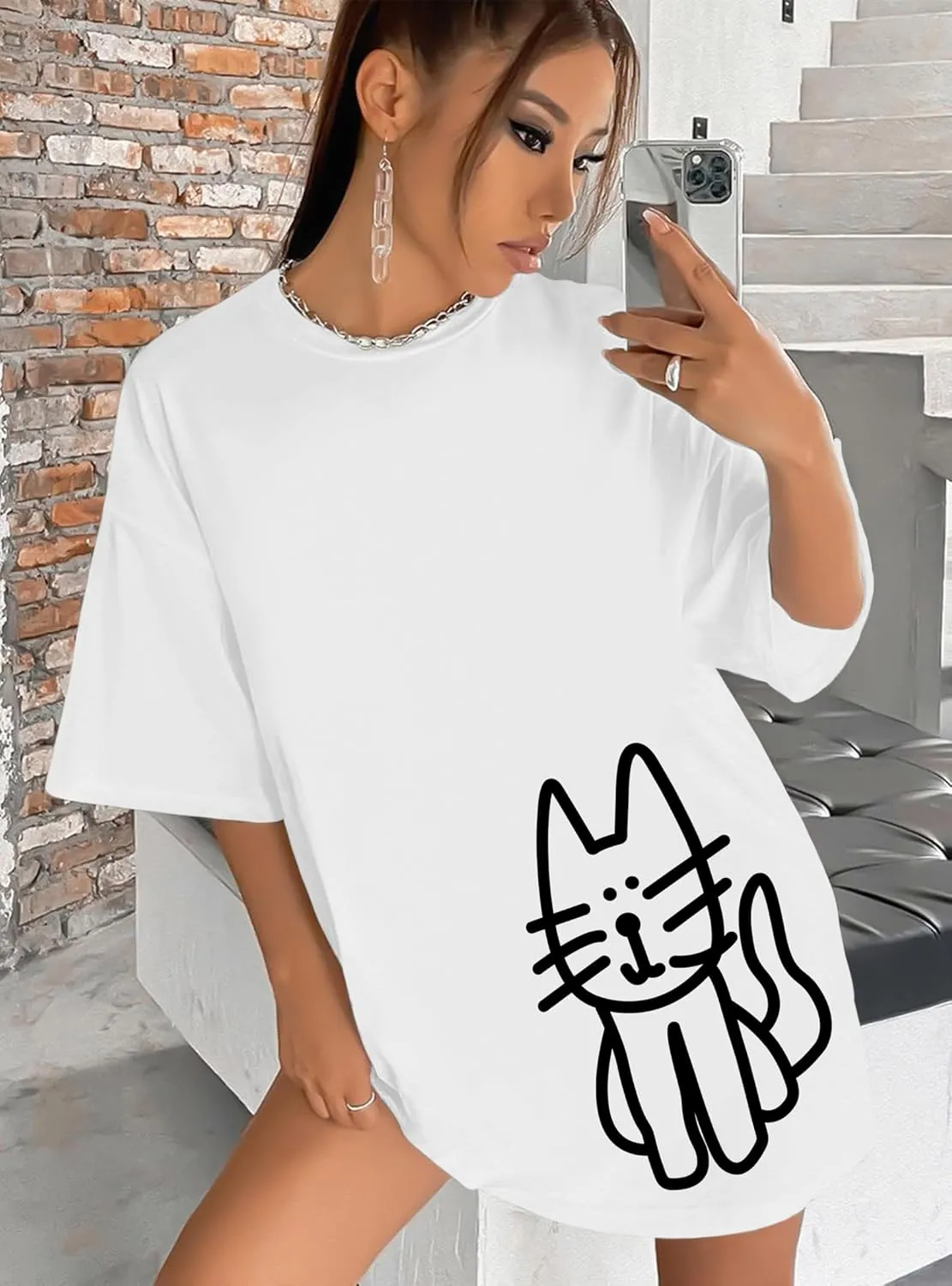 Cute Cat Shirts for Women Oversized Black Cat Graphic Tshirt Casual T-Shirt Kawaii Tees Aesthetic Funny Tops